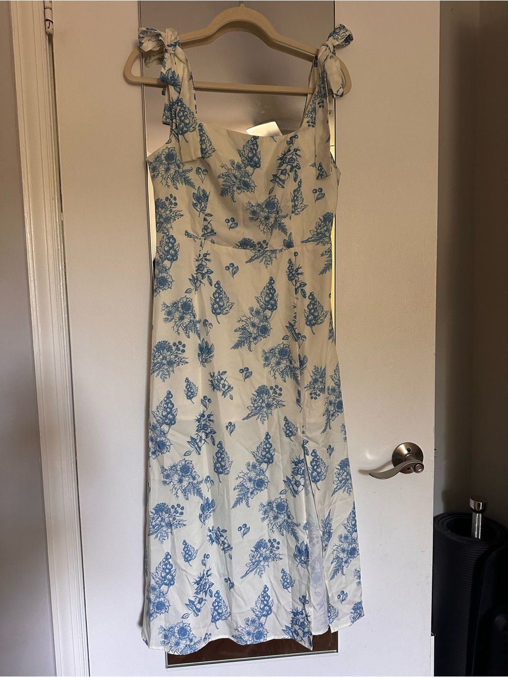 Cider White Midi Dress with Blue Floral Print and Tie Straps